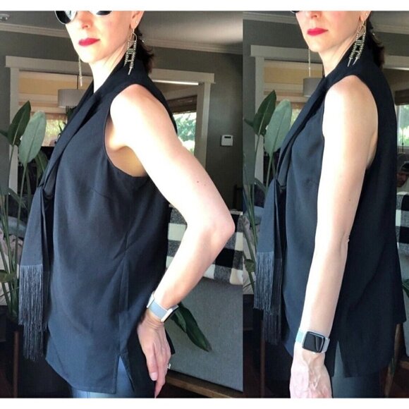 Cabi Sz M Black Fringed Tie Neck Shawl Scarf Sleeveless Tank Top Button Up - Picture 5 of 16